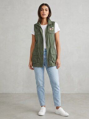 Ashley 26 International Womens Utility Vest M Olive Green Floral Embroidered Car